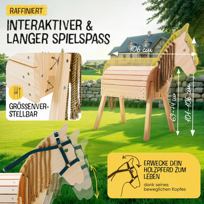 FRIEDO Holzpferd Gartenpferd - Höhenverstellbar mit Sattel & Geschirr