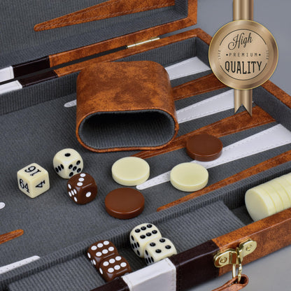 Queensell Backgammon Set 38 cm, Brettspiel im PU-Leder-Etui