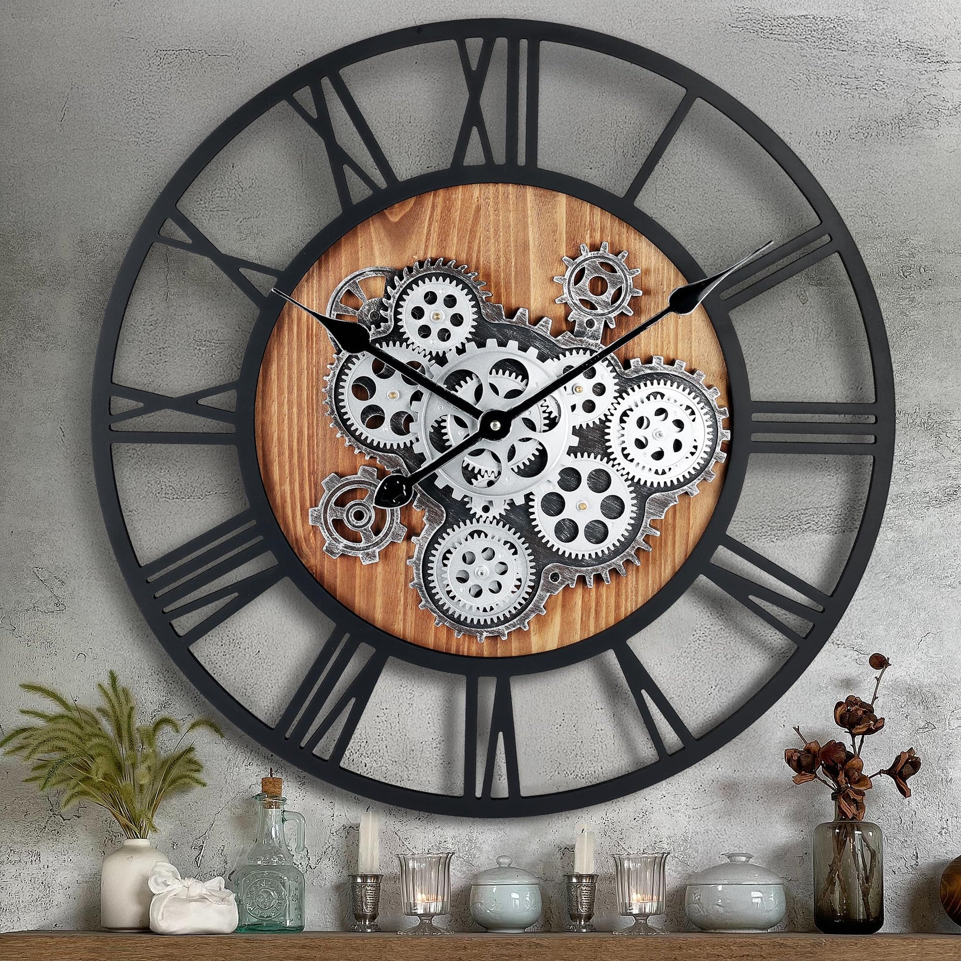 Lafocuse Wanduhr 57cm - Vintage Steampunk mit Zahnrädern Holz. Runde Zeitanzeige zur Wandmontage.