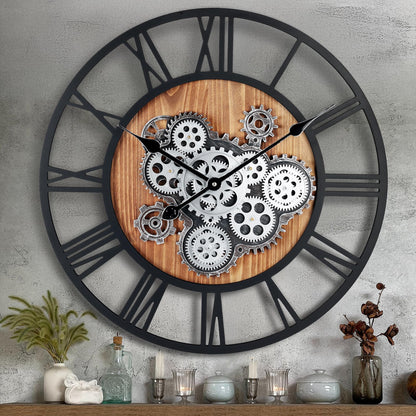 Lafocuse Wanduhr 57cm - Vintage Steampunk mit Zahnrädern Holz. Runde Zeitanzeige zur Wandmontage.