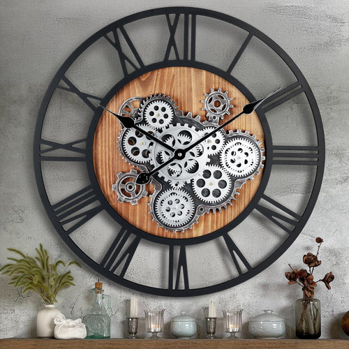 Lafocuse Wanduhr 57cm - Vintage Steampunk mit Zahnrädern Holz. Runde Zeitanzeige zur Wandmontage.