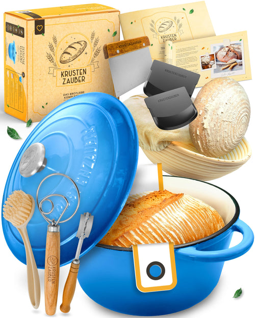 KRUSTENZAUBER Brotbackform Gusseisen emailliert, XXL-Set mit Deckel, Gärkorb und Backzubehör