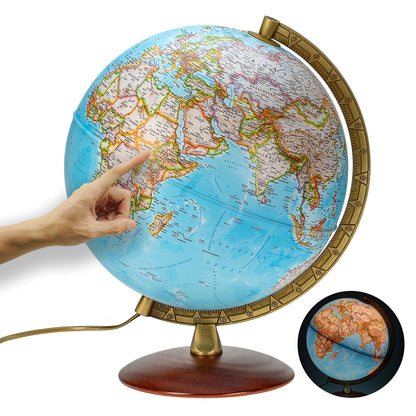 National Geographic Leuchtglobus Klassik 30cm - LED phys/pol 2025. Ein beleuchteter Globus zeigt physisch/politische Erdoberflächen.