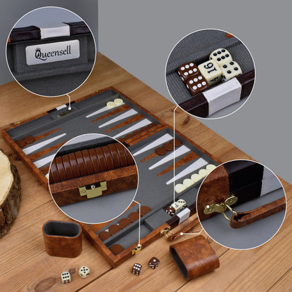 Queensell Backgammon Set 38 cm, Brettspiel im PU-Leder-Etui
