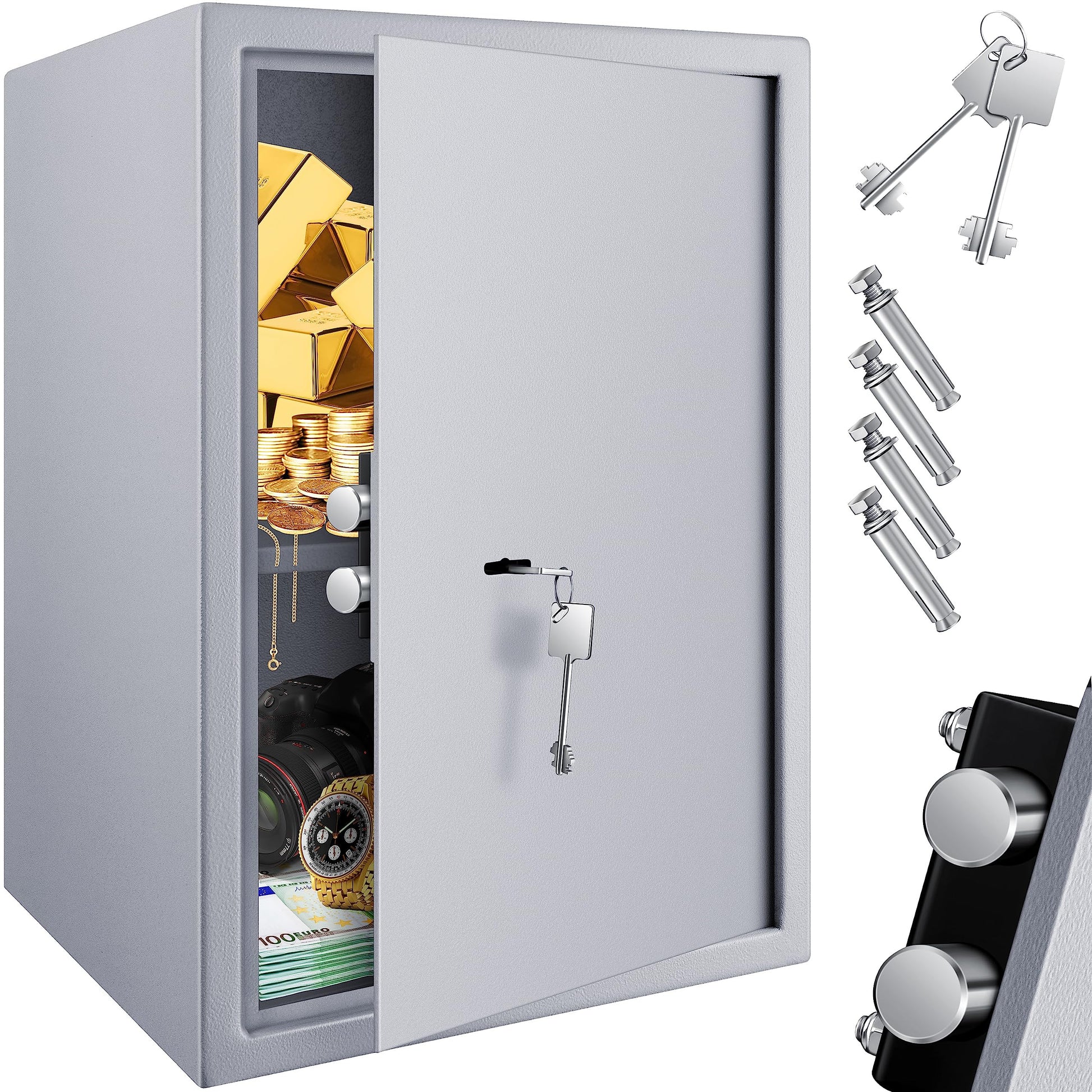 KESSER Safe Möbeltresor Doppelbartschloss – 50x35x31cm Silber. Quaderförmiger Stahltresor zum sicheren Wertsachen-Einbau in Möbel.