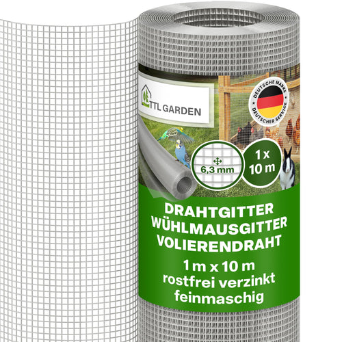 TTL GARDEN Drahtgitter feinmaschig verzinkt 6,3 mm Masche 10 x 1 m, Stahlgitter auf Rolle für Gehege und Hochbeete