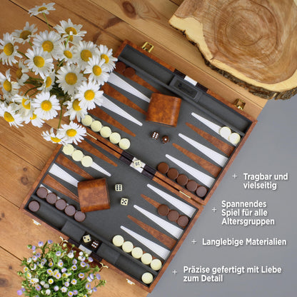 Queensell Backgammon Set 38 cm, Brettspiel im PU-Leder-Etui