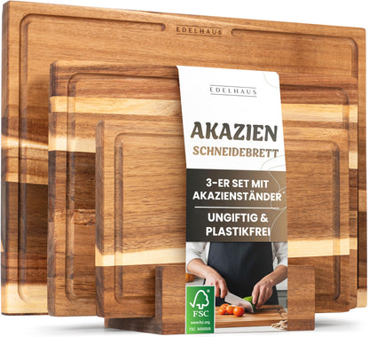 EDELHAUS Schneidebrett Set Akazienholz 3-teilig mit Saftrille, drei rechteckige Holzbretter