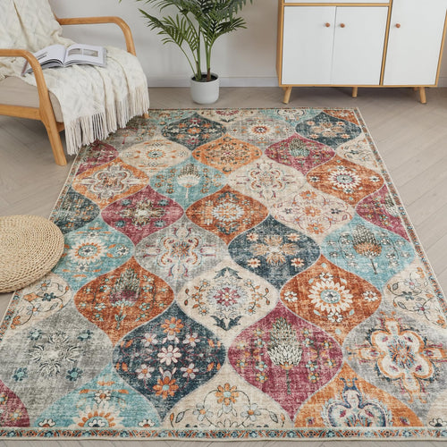 Xfrog Blumen Boho Flächenteppich für Wohnzimmer – 160 x 230 cm. Mit floralem Boho-Muster. Dient als dekorativer Bodenbelag im Wohnzimmer.
