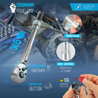 HASKYY Drehmomentschlüssel Set 3/8 Zoll 5–60 Nm mit 27-tlg. Zubehör