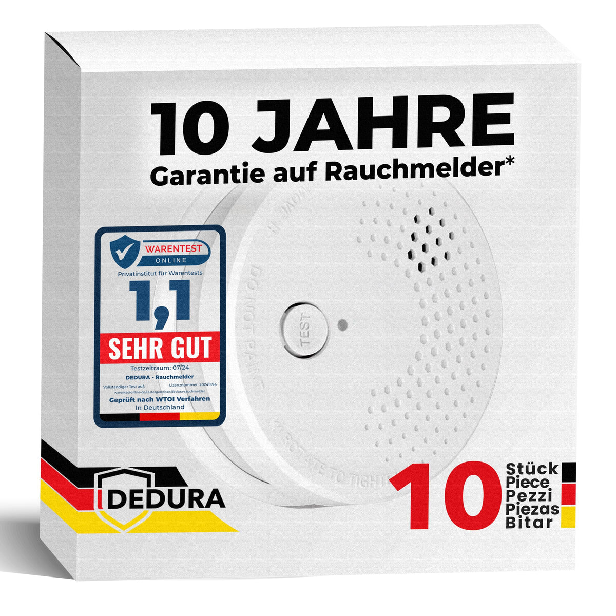 BrandSafe Rauchwarnmelder 10er Set - 10 Jahre Garantie, BSI: runder, weißer Melder zur Brandrauchdetektion in Wohnräumen.