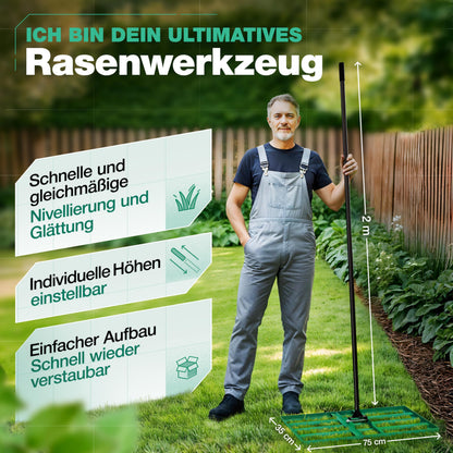 Smabix Rasenrakel 75x35 cm mit 2 m Metallstiel, abgerundete Kanten