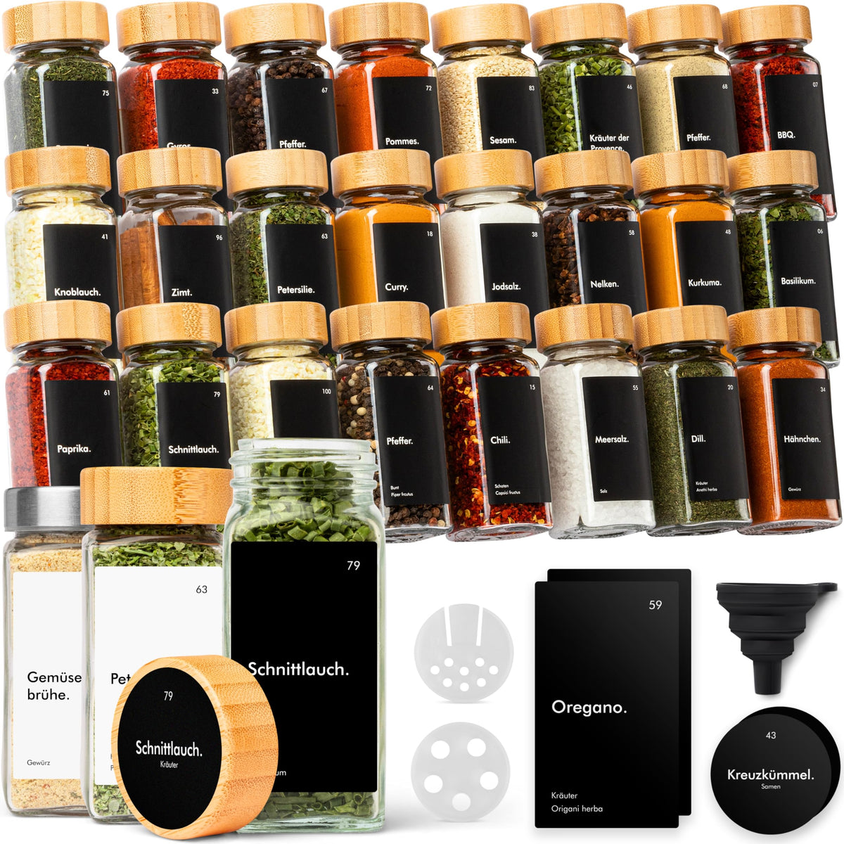 KIVY Gewürzgläser mit Streueinsatz, 24er-Set, 120 ml, Bambusdeckel – eckige Form, luftdicht verschlossen