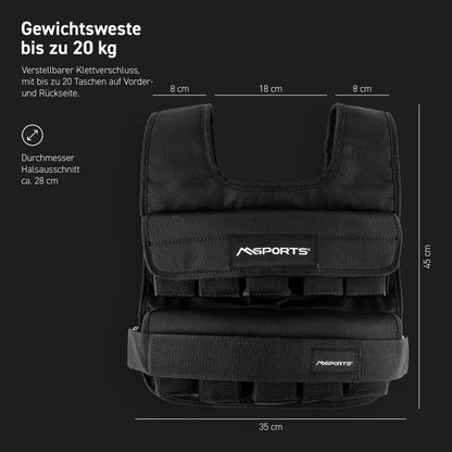 MSPORTS Gewichtsweste Premium Verstellbar - 20 kg, Schwarz