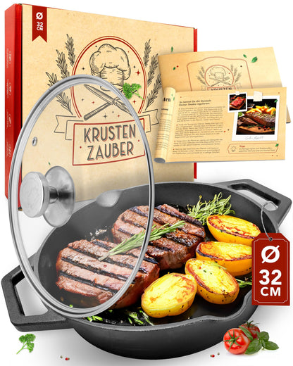 KRUSTENZAUBER Gusseisenpfanne 32 cm, voreingebrannt, für Induktion – rund und aus Gusseisen