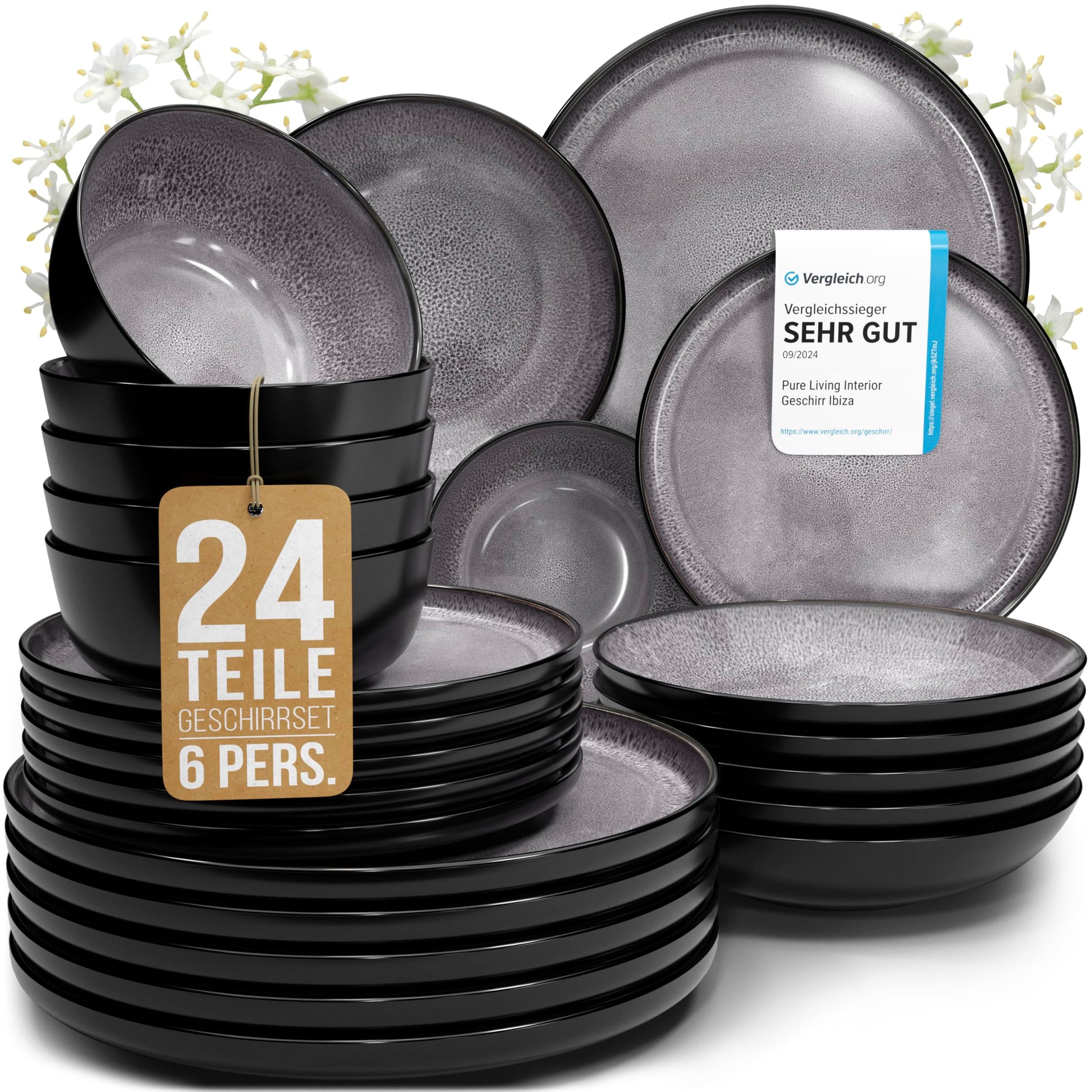 Pure Living Ibiza Steingut Geschirrset – 6 Pers. 24tlg. Grau. Rundes, graues Steingut-Set zum Servieren von Speisen für 6 Personen.