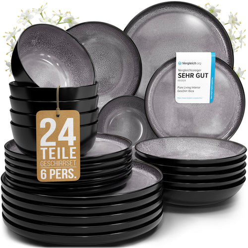 Pure Living Ibiza Steingut Geschirrset – 6 Pers. 24tlg. Grau. Rundes, graues Steingut-Set zum Servieren von Speisen für 6 Personen.