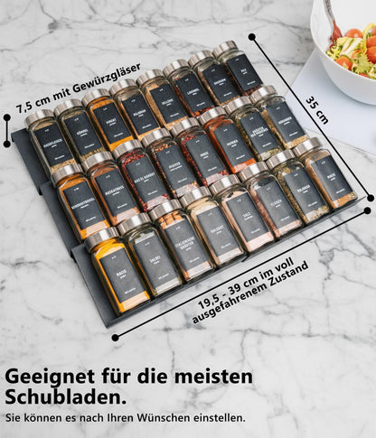 Deco haus Gewürzregal Schublade aus Metall mit 24 Gewürzgläsern