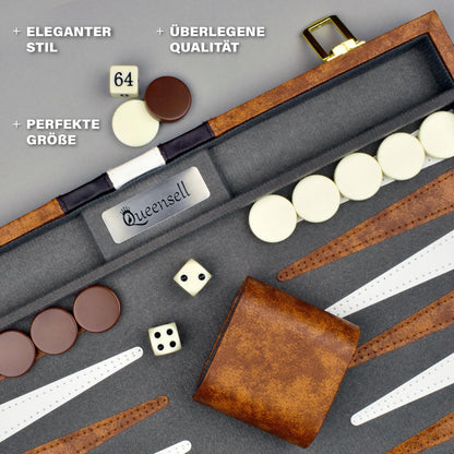 Queensell Backgammon Set 38 cm, Brettspiel im PU-Leder-Etui