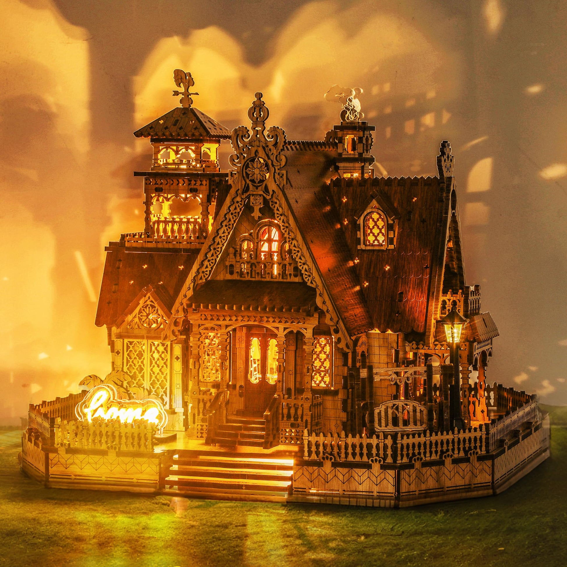 FUNPOLA LED 3D Holzpuzzle Miniatur Bausatz – Rural Cottage. 3D Holzhaus-Modell zum Selbstbau, beleuchtbar mit LEDs.