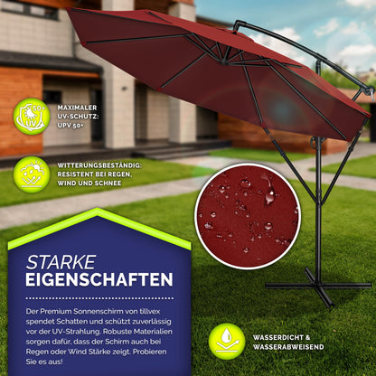 tillvex Ampelschirm Ø 300 cm, Alu-Sonnenschirm mit Kurbel, Rot
