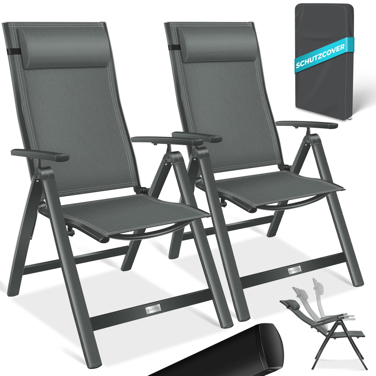 KESSER® 2er Set Gartenstuhl Hochlehner Klappstuhl Alu Anthrazit. Zwei anthrazitfarbene Aluminium-Klappstühle für entspanntes Sitzen im Garten.