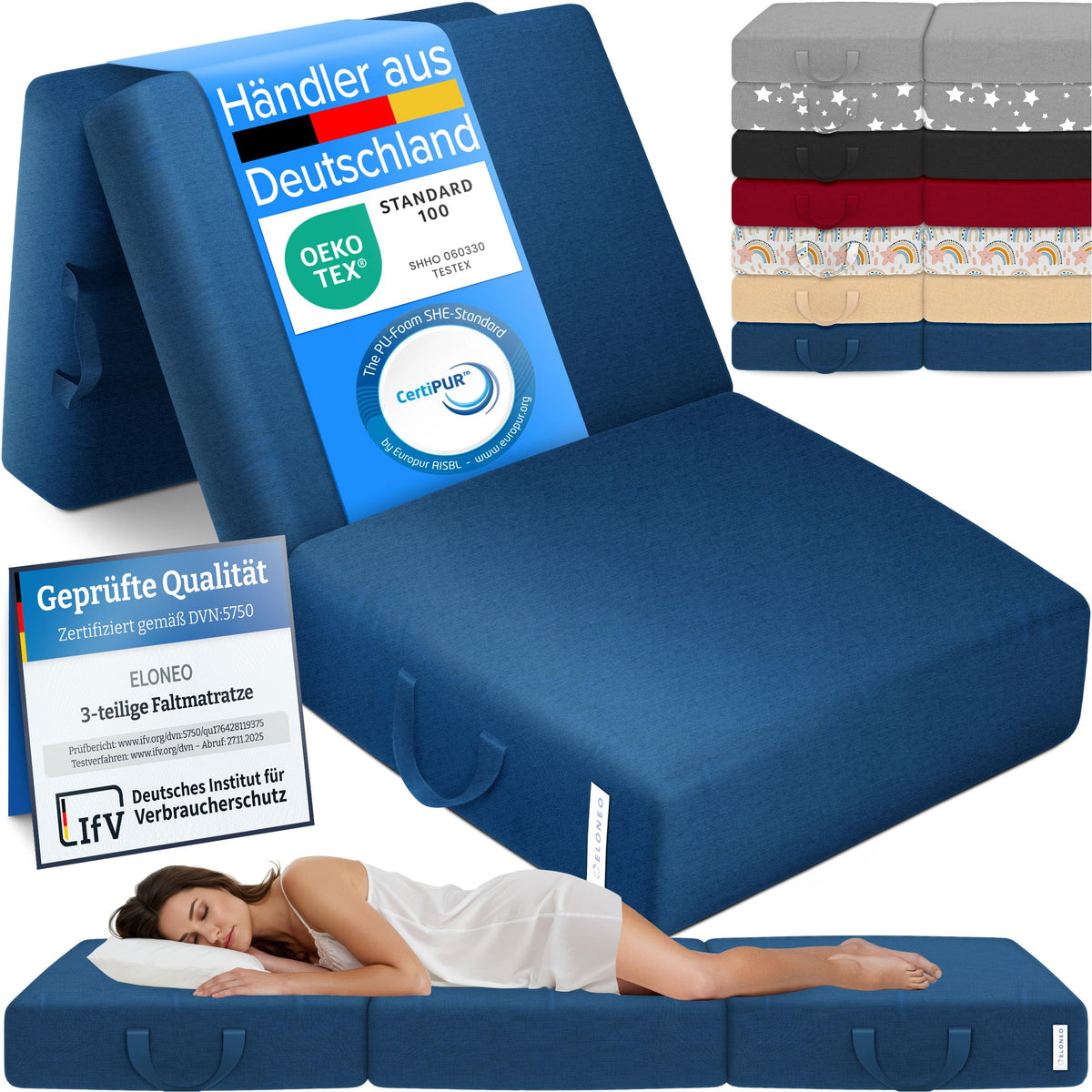 ELONEO Klappmatratze, 3-teilige Gästematratze, 90 x 200 x 15 cm, blau, dreifach gefaltet, als Gästebett nutzbar