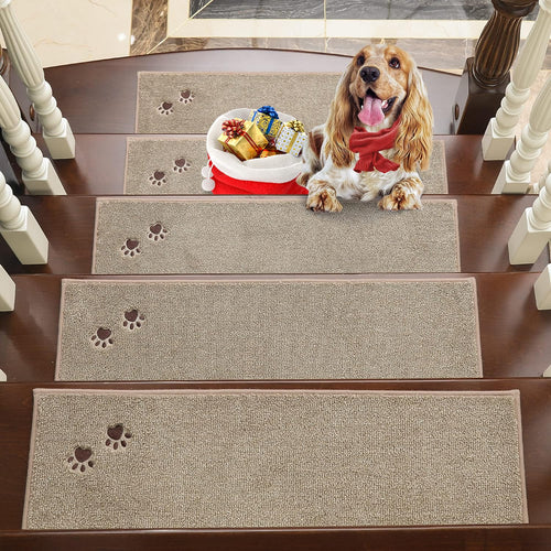 BEQHAUSE Stufenmatten rutschfest – 15 Stück 22x70cm Beige. Rechteckige, beige Matten zur Erhöhung der Trittsicherheit und zum Schutz von Treppenstufen.