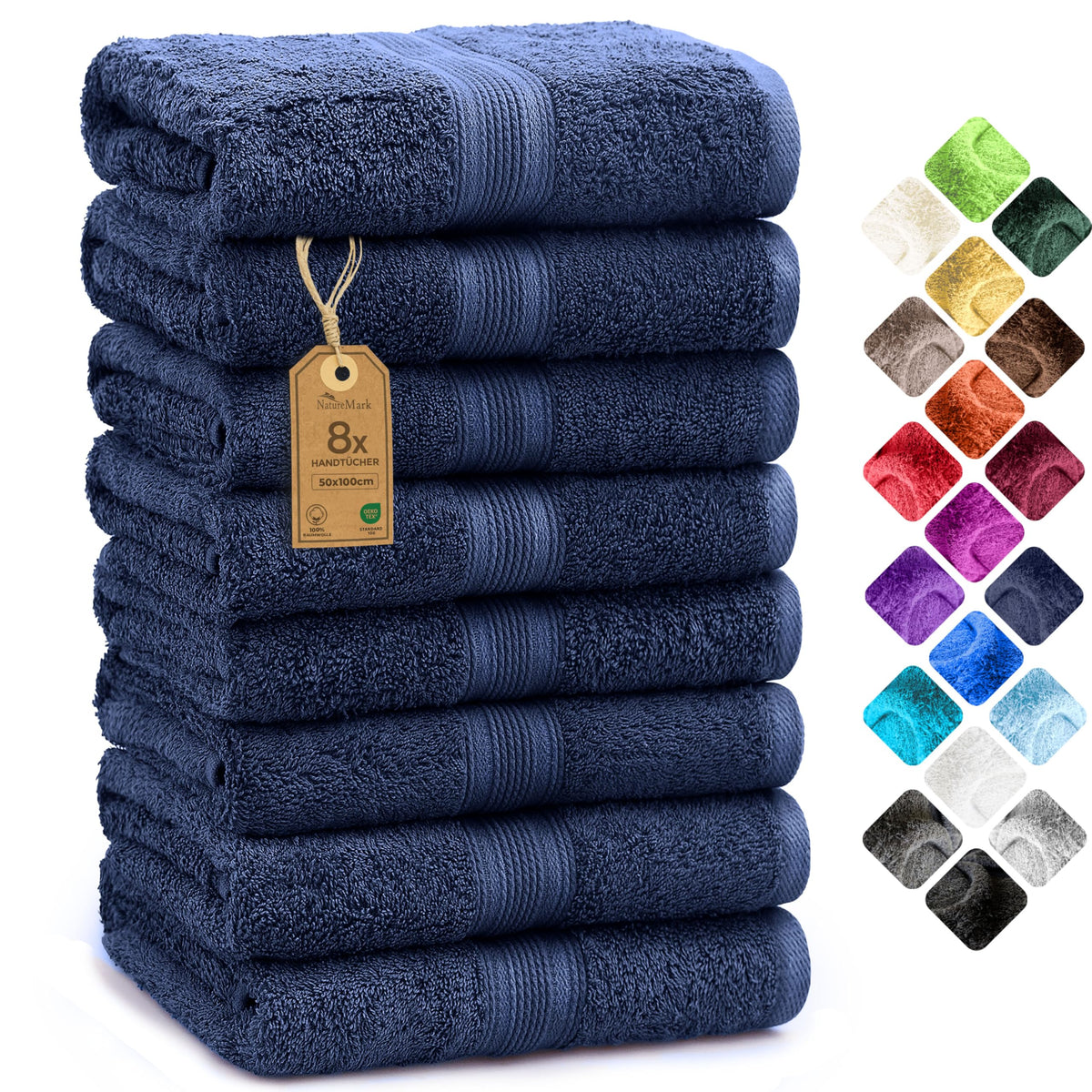 NatureMark Handtücher 8er Set Navyblau 100% Baumwolle 50x100 cm, Frottier mit Aufhängeschlaufe