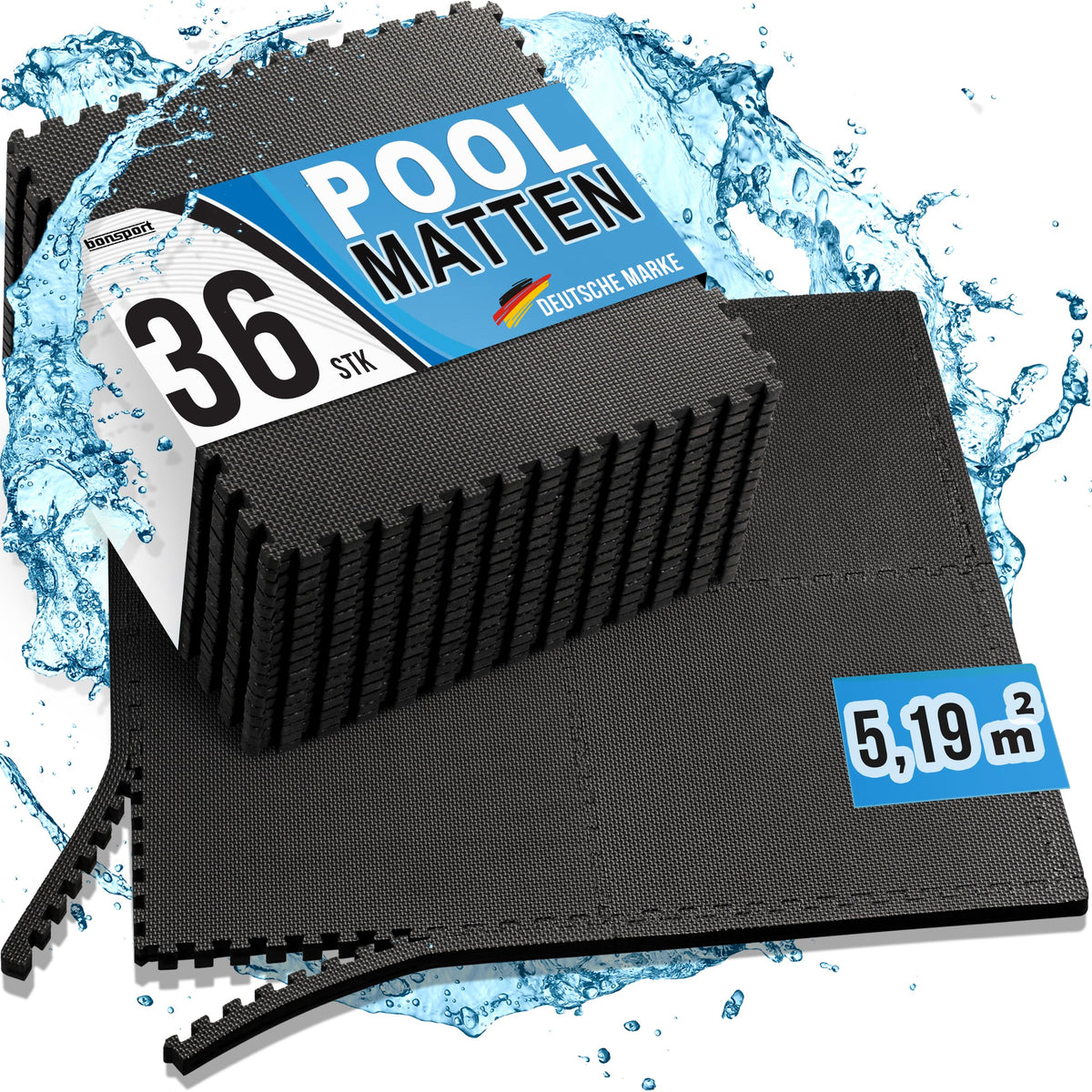 bonsport Pool Unterlegmatte 36 Stück inkl. Kescher, EVA schwarz – Puzzlematten mit Randstücken