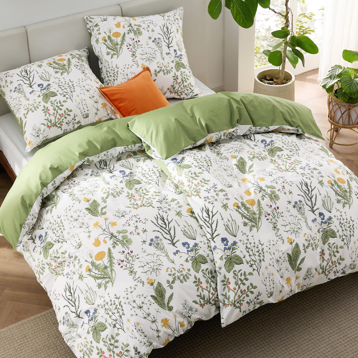 BEDSURE Bettwäsche 135x200 4teilig Baumwolle Salbeigrün Blumen, Bettbezug mit Kissenbezug und Reissverschluss