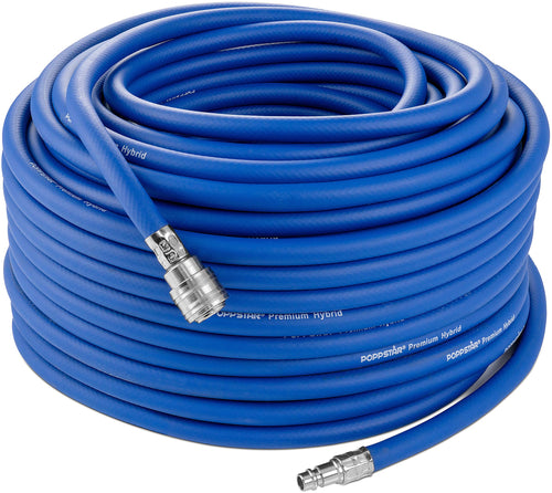 Poppstar Hybrid Druckluftschlauch 50m – 9,2mm blau: Aufgerollter, blauer Hybrid-Druckluftschlauch zum effizienten Transport von Druckluft.