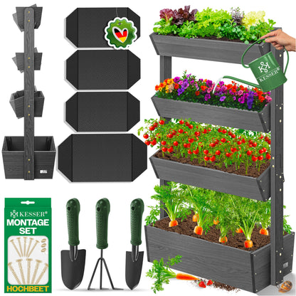 KESSER Hochbeet 4 Etagen, Blumentreppe aus Tannenholz, Anthrazit – Stufenbeet für Garten und Balkon