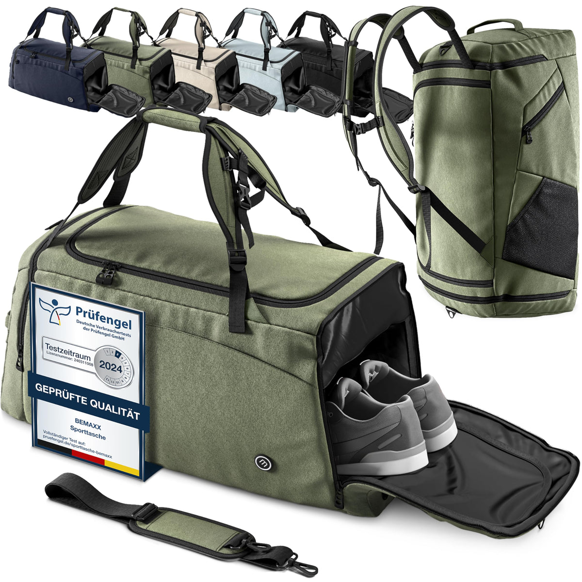 BeMaxx Sporttasche GR3 mit Rucksackfunktion, Schuhfach, 40 L, Grün aus Polyestergewebe