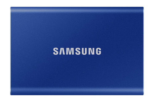 Samsung Portable SSD T7 Externe SSD 2 TB Blau: Kompakte, rechteckige, blaue SSD für schnelle Datenspeicherung und -übertragung am Laptop/PC.