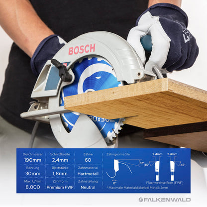 FALKENWALD Kreissägeblatt 190x30 mm Hartmetall für Holz, Metall & Alu