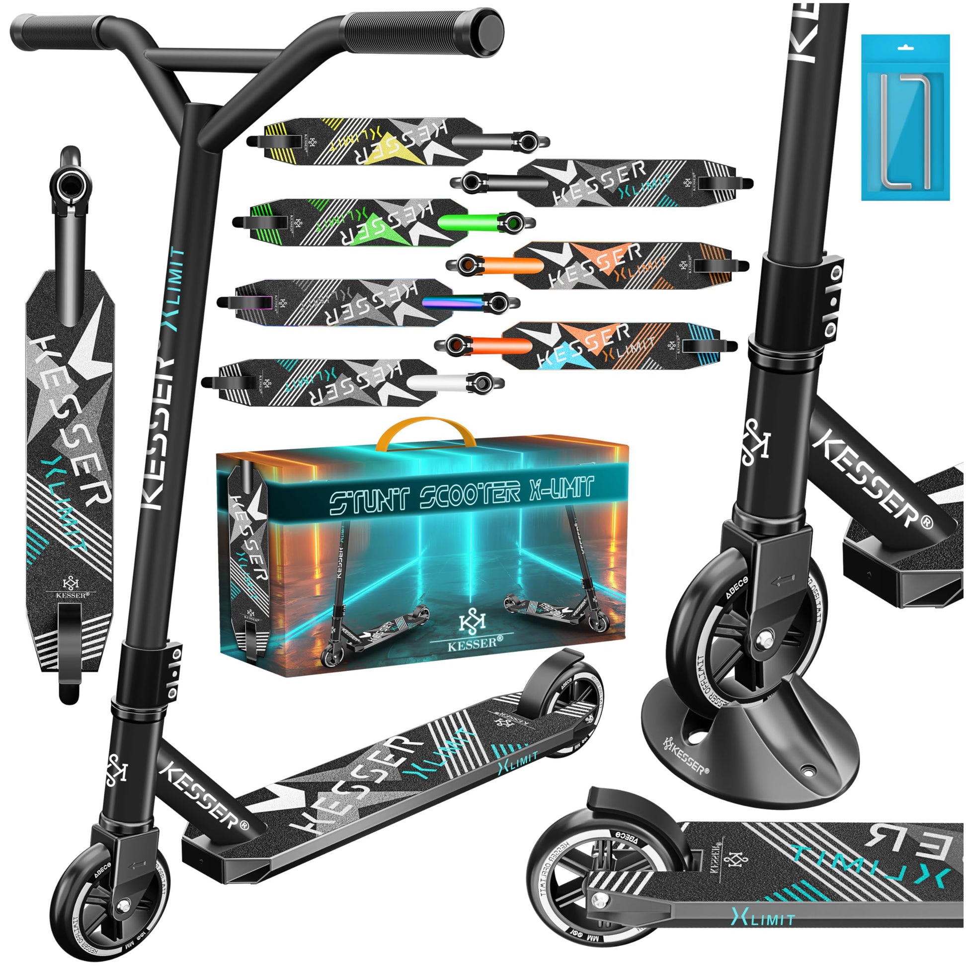 KESSER Stunt Scooter X-Limit Robuster Stuntscooter - Schwarz. Schwarzer Stuntscooter mit Aluminium-Deck, T-Bar Lenker, und PU-Rollen. Ideal für Tricks und Sprünge.
