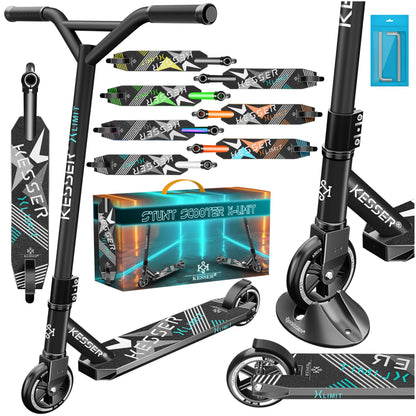 KESSER Stunt Scooter X-Limit Robuster Stuntscooter - Schwarz. Schwarzer Stuntscooter mit Aluminium-Deck, T-Bar Lenker, und PU-Rollen. Ideal für Tricks und Sprünge.