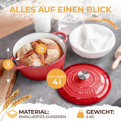 KITAPO emaillierter Gusseisentopf 24 cm mit Gärkorb und Teigtuch, Rot