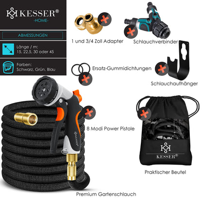 KESSER Flexibler Gartenschlauch 30 m mit 8 Modi Sprühpistole, schwarz