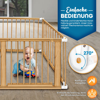 KIDUKU Laufgitter XXL klappbar mit Tür, 8 Elemente, Kiefer massiv