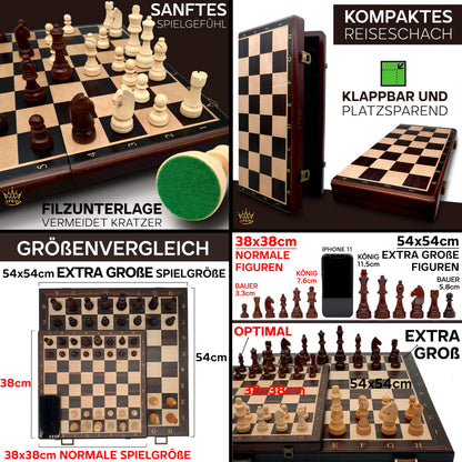 APEQi® Premium Schachspiel Holz – 38x38cm, klappbar, 2 Extra-Damen