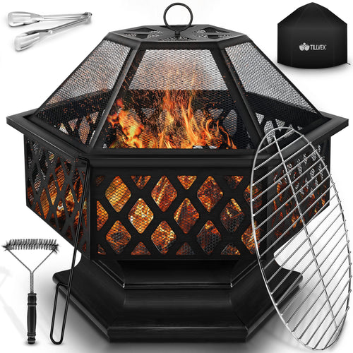tillvex Feuerschale mit Funkenschutz 4-in-1 BBQ Grill Sechskant Schwarz. Sechskantige, schwarze Feuerschale zum Heizen und Grillen.