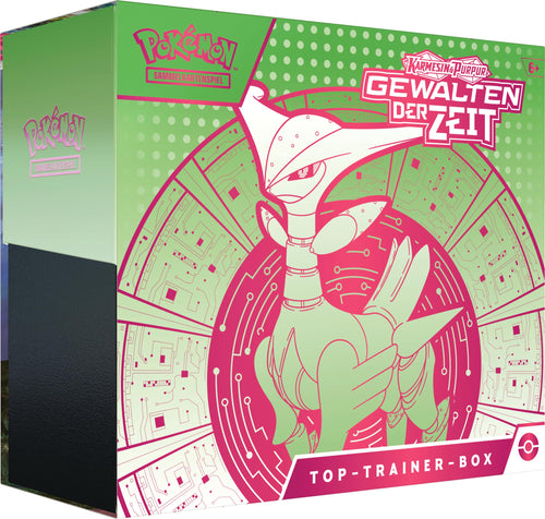 Pokémon Karmesin & Purpur Gewalten der Zeit Top-Trainer-Box – Eisenblatt: Rechteckige Box im Eisenblatt-Design mit TCG-Zubehör. Ideal für Spiel & Sammlung der Erweiterung.