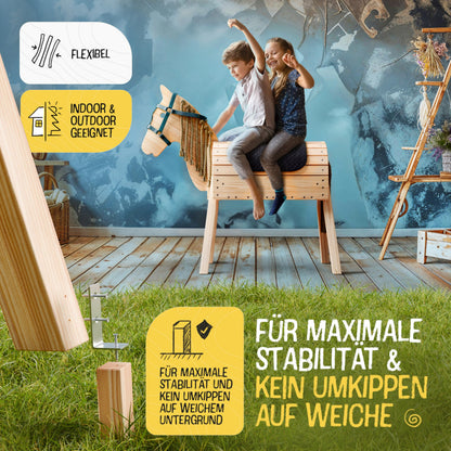 FRIEDO Holzpferd Gartenpferd - Höhenverstellbar mit Sattel & Geschirr