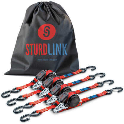 Sturdlink Automatische Spanngurte mit Ratsche, 5 m x 25 mm, 4er-Pack, rote Polyester-Gurte