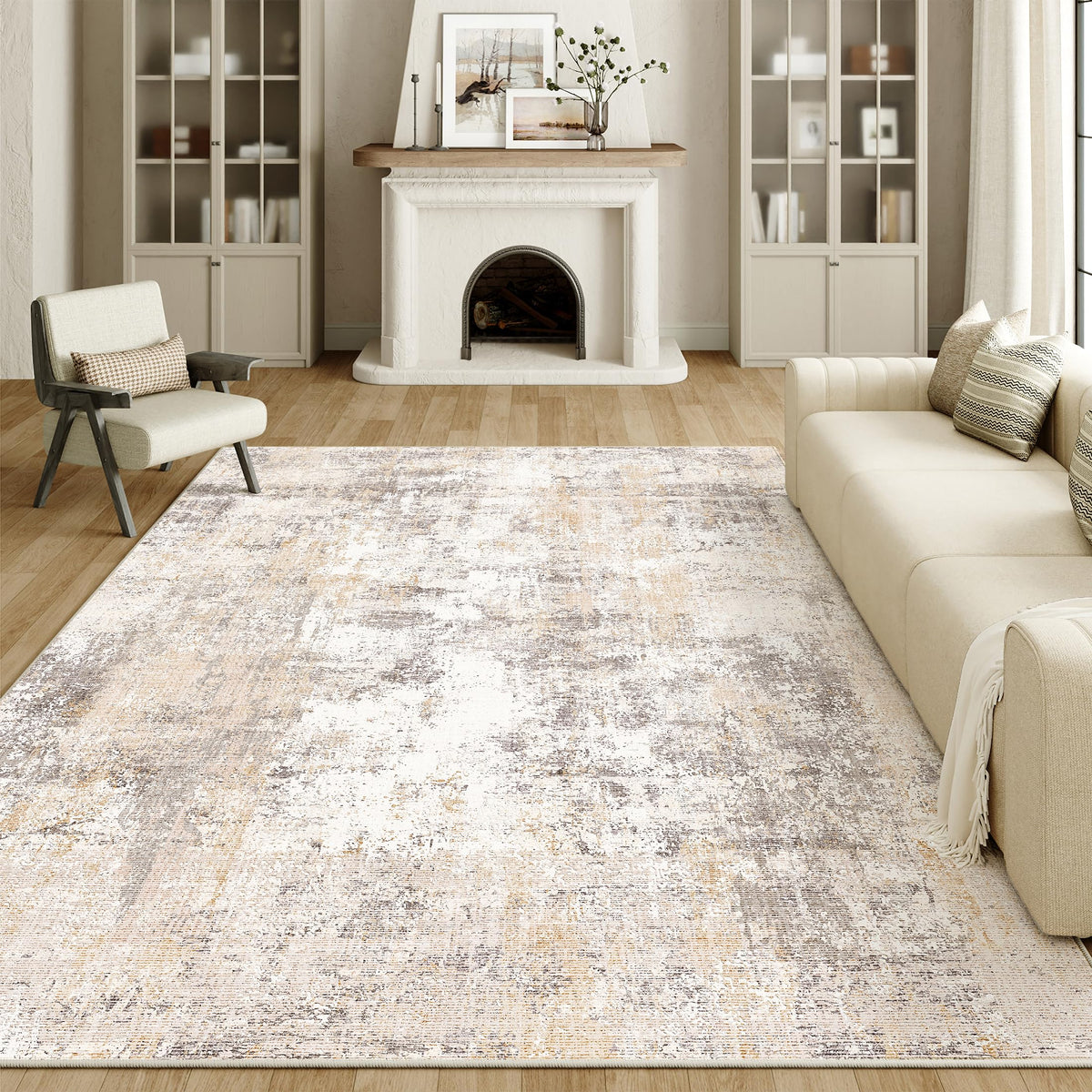 HUGEAR Teppich 200 x 300 cm waschbar rutschfest Kurzflor Beige Grau mit abstraktem Muster