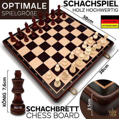 APEQi® Premium Schachspiel Holz – 38x38cm, klappbar, 2 Extra-Damen