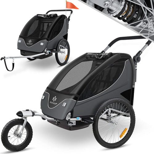 KESSER Kinderfahrradanhänger 2in1 Jogger – Schwarz. Schwarzer Zweisitzer, umrüstbar. Transportiert Kinder per Rad oder als Jogger.