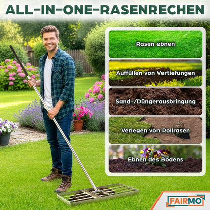 Fairmo Rasenrakel Edelstahl 75x35 cm, Nivellierrechen mit 2 m Stiel
